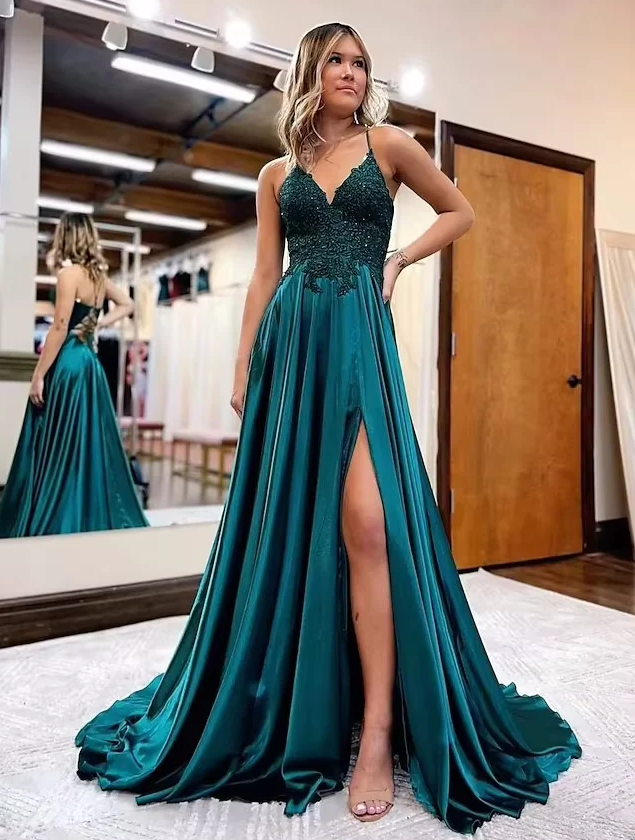 A Line Satin Long Prom Dresses Appliques Split Formal Dress J4810 – JulyProm