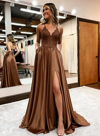 A Line Satin Long Prom Dresses Appliques Split Formal Dress J4810 – JulyProm