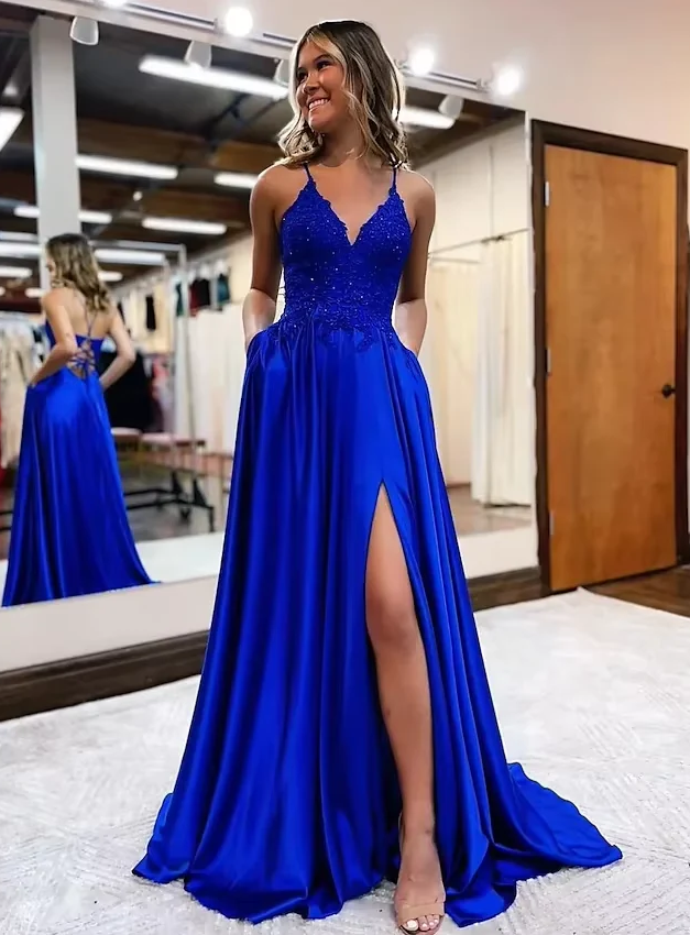 A Line Satin Long Prom Dresses Appliques Split Formal Dress J4810 – JulyProm