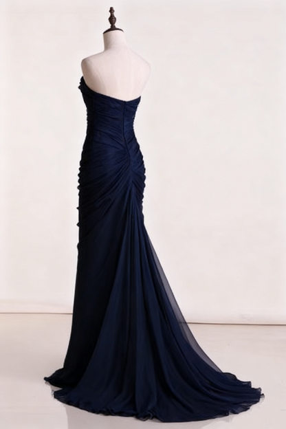 Trägerloses, marineblaues, langes Ballkleid in A-Linie, formelles Partykleid J5058