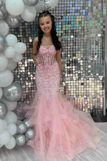 Robe de bal longue rose sans bretelles avec volants et appliques style sirène J5304