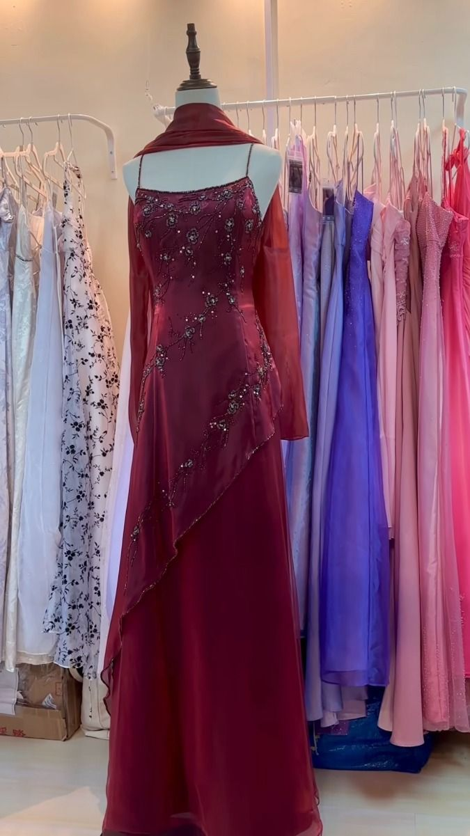 A Line Burgundy Long Prom Dress Beaded Evening Dress J5308