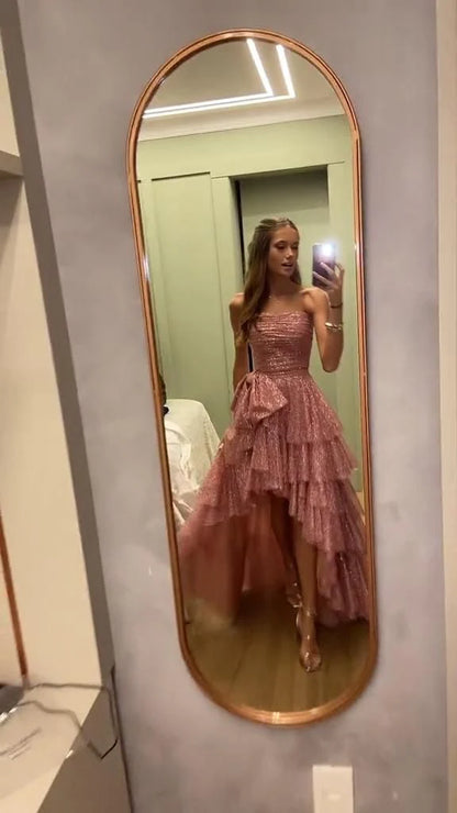 Trägerloses langes Ballkleid mit Pailletten in Rosa J5429 