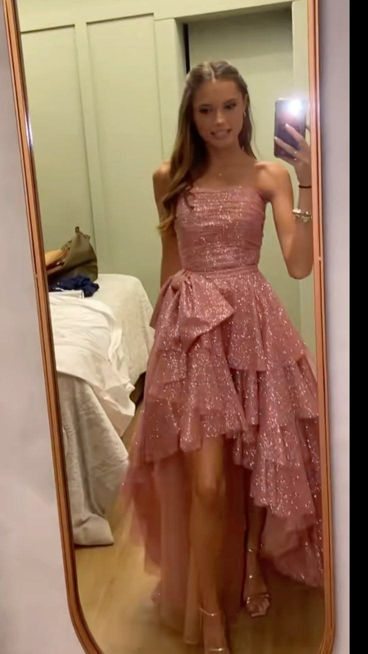 Trägerloses langes Ballkleid mit Pailletten in Rosa J5429 