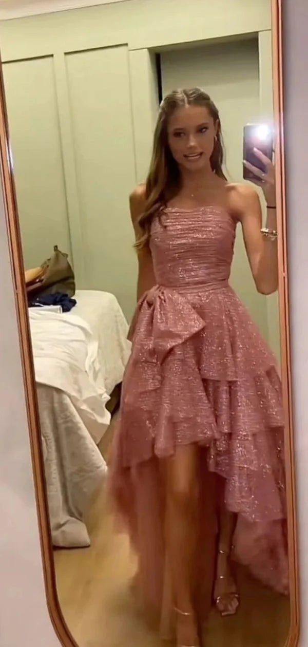 Trägerloses langes Ballkleid mit Pailletten in Rosa J5429 