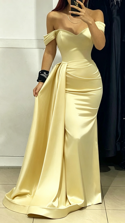 Off Shoulder Green Satin Ruched Long Prom Evening Dress J5625