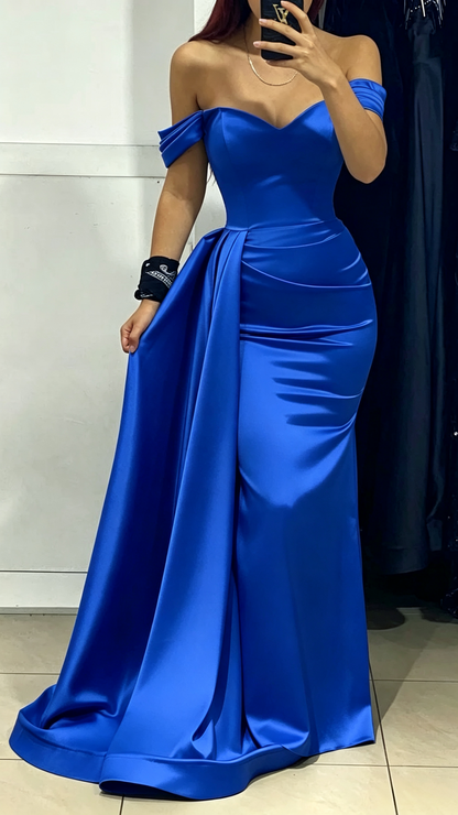 Off Shoulder Green Satin Ruched Long Prom Evening Dress J5625