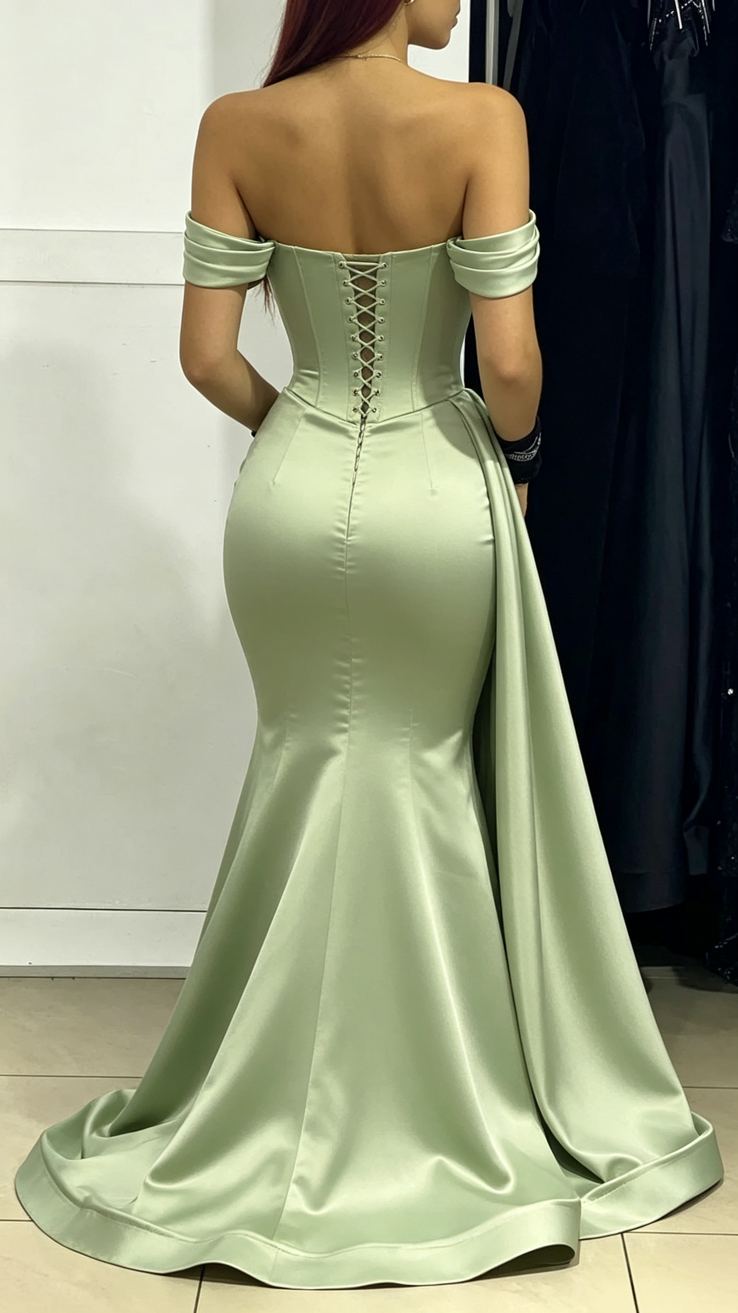 Off Shoulder Green Satin Ruched Long Prom Evening Dress J5625