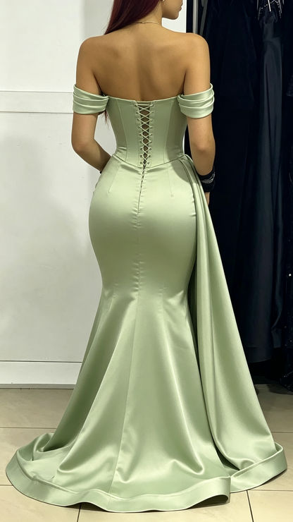 Off Shoulder Green Satin Ruched Long Prom Evening Dress J5625