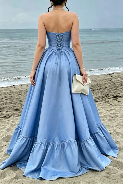 Robe de bal en satin sans bretelles, coupe trapèze, fendue, tenue de soirée formelle J5838