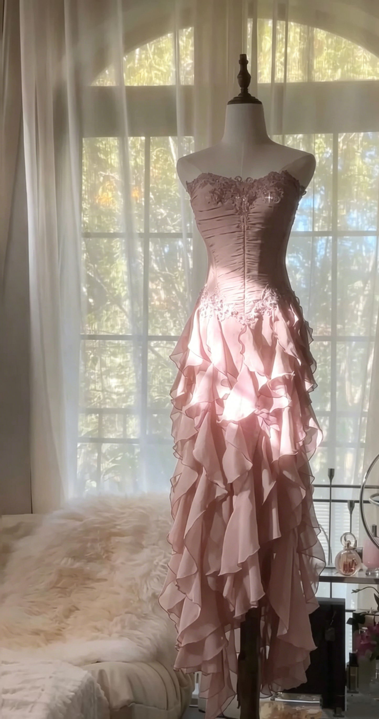 Strapless Ruffle Purple Prom Dress Applique Evening Dress J6324