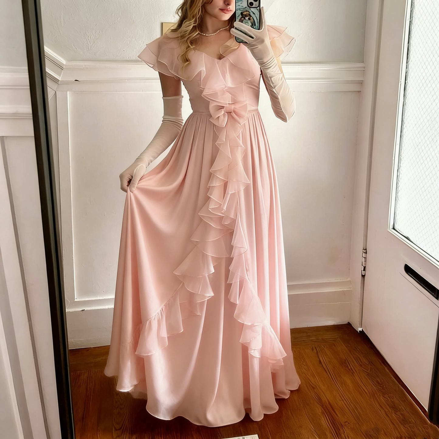 Robe de soirée rose en mousseline de soie, coupe trapèze, à volants, J6380