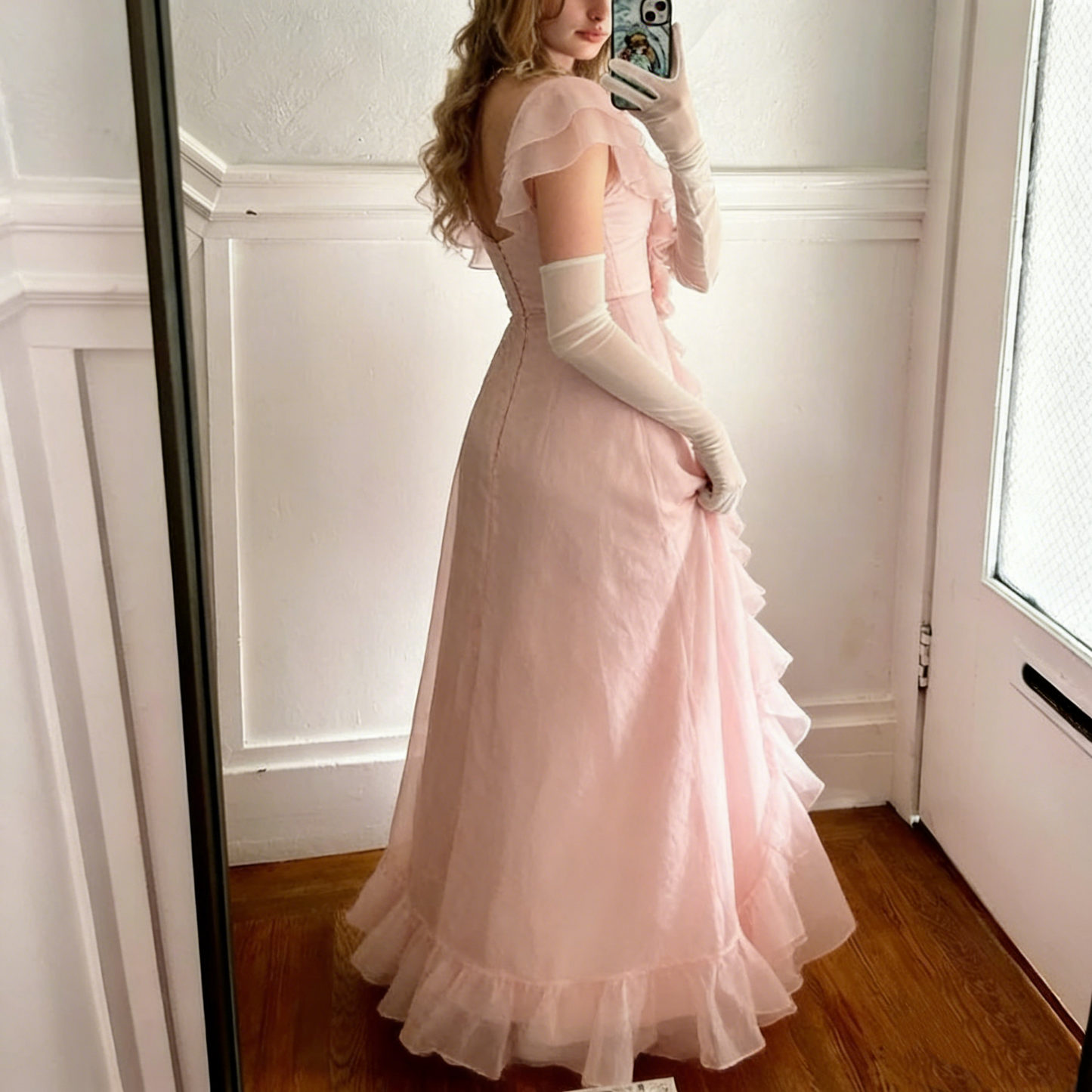 Robe de soirée rose en mousseline de soie, coupe trapèze, à volants, J6380