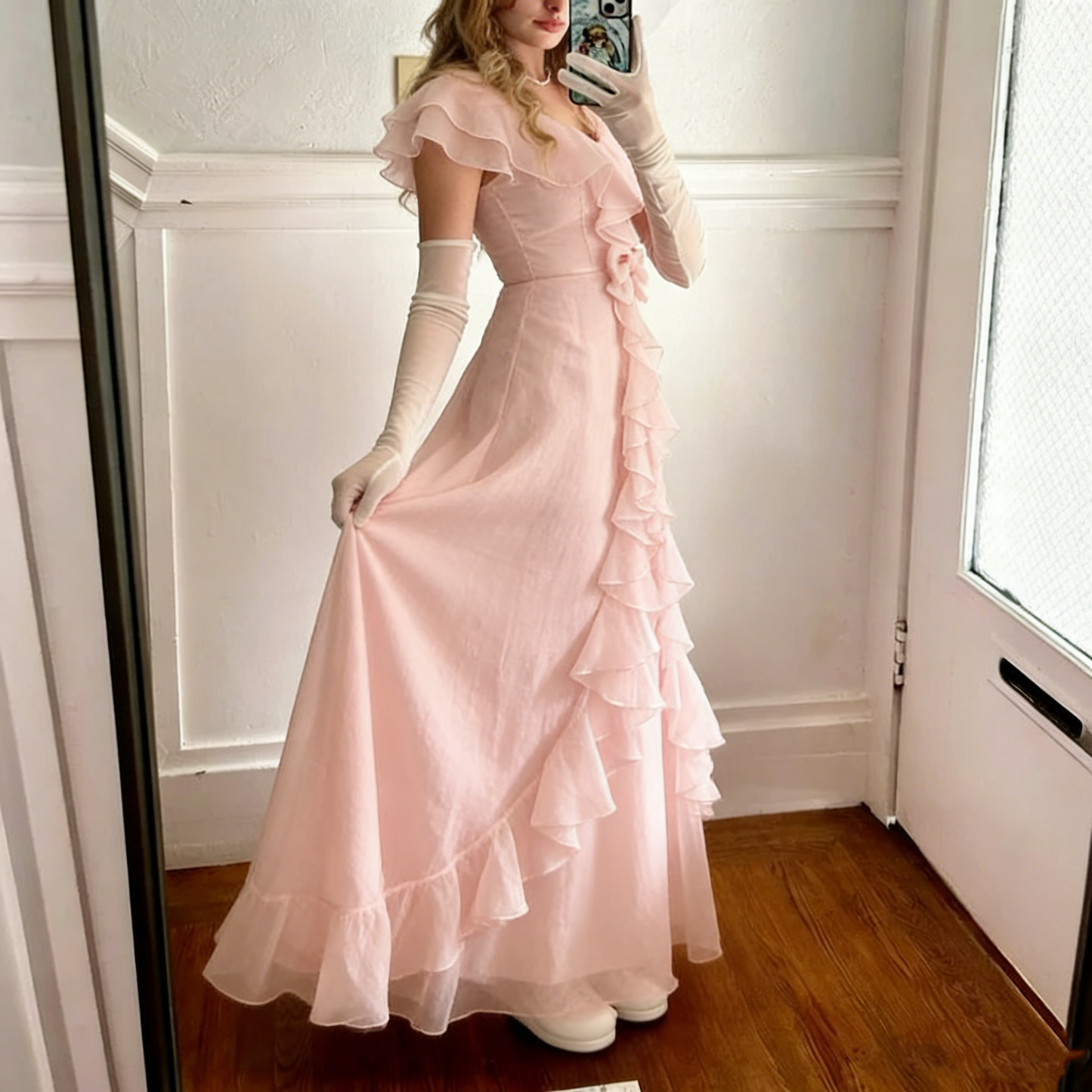 Robe de soirée rose en mousseline de soie, coupe trapèze, à volants, J6380