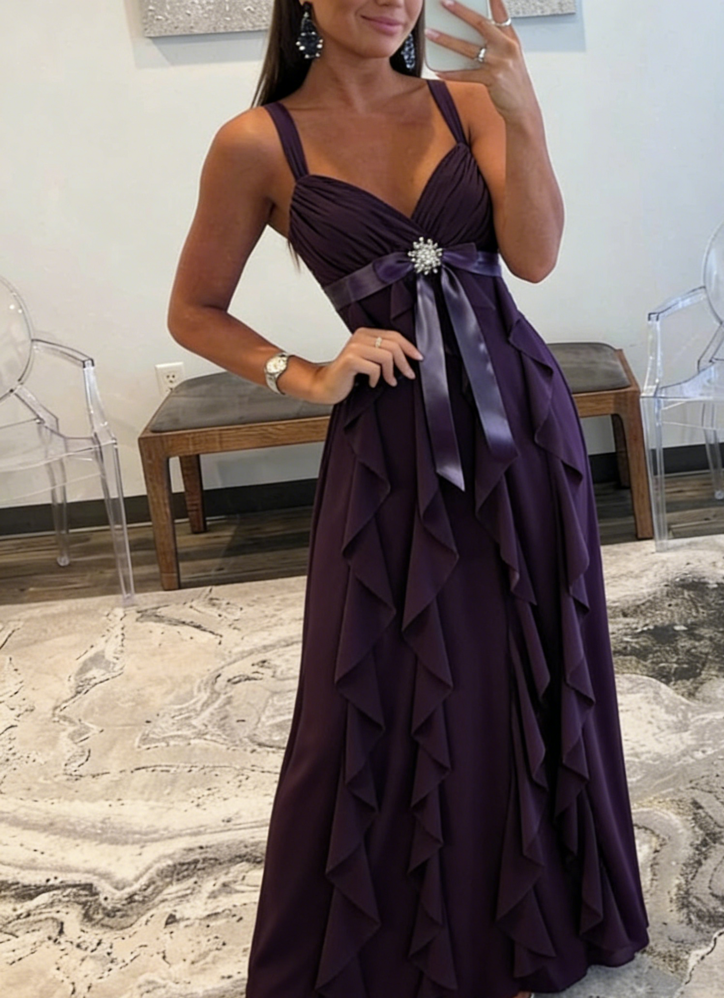 Ruffle A Line Purple Evening Dress Chiffon Formal Party Gown J6466