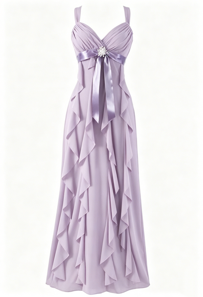 Robe de soirée trapèze violette à volants en mousseline de soie J6466