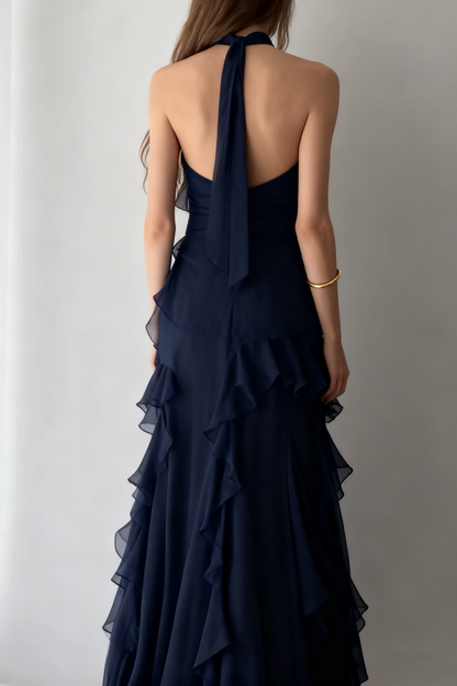 Robe de bal bleu marine à col licou en mousseline de soie à volants, robe de soirée pour invitée de mariage J6467