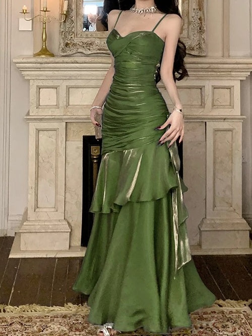 Rüschengrünes Ballkleid Spaghettiträger Geburtstagskleid J6524