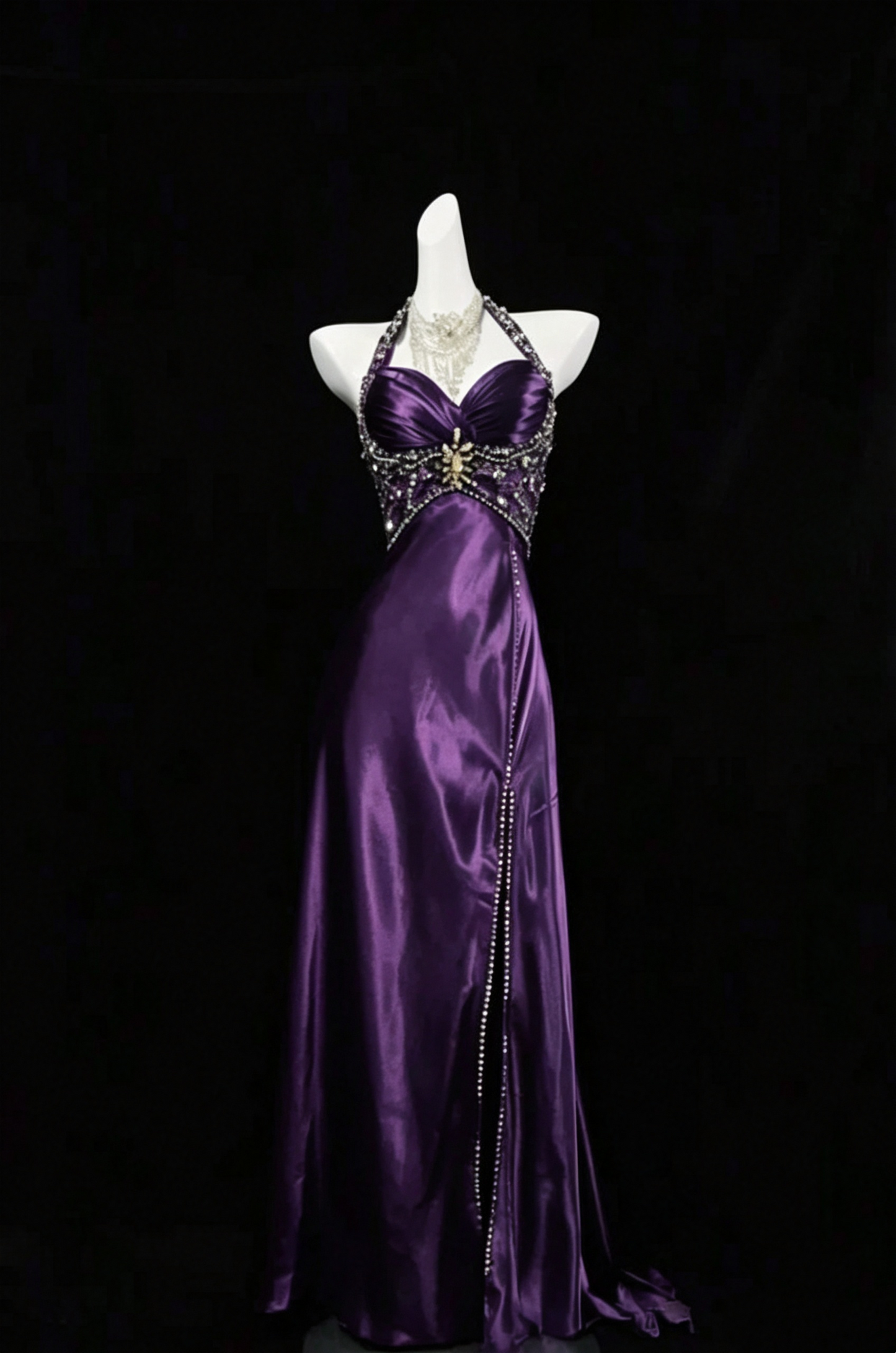 Halter A Line Navy Blue Slit Long Prom Dress Beads  Evening Dresses J6560