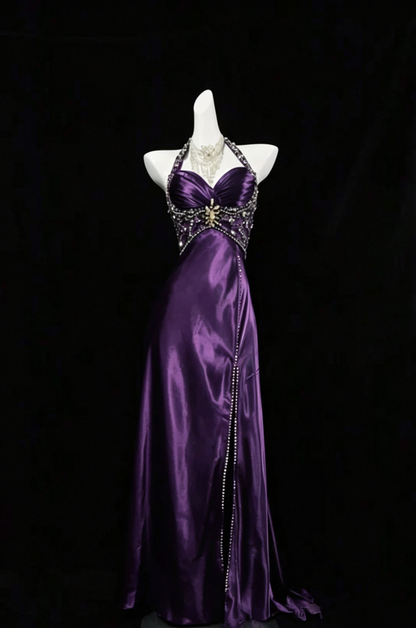 Halter A Line Navy Blue Slit Long Prom Dress Beads  Evening Dresses J6560