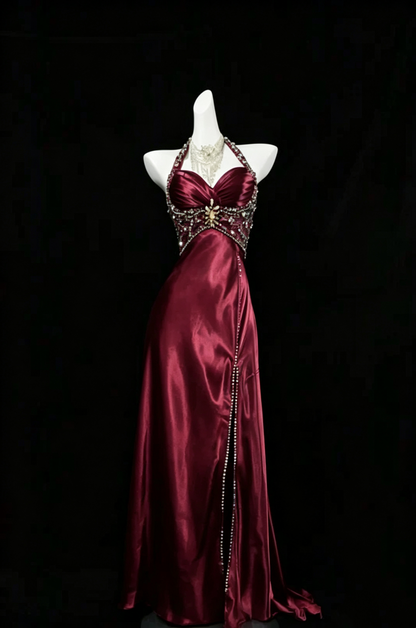 Halter A Line Navy Blue Slit Long Prom Dress Beads  Evening Dresses J6560