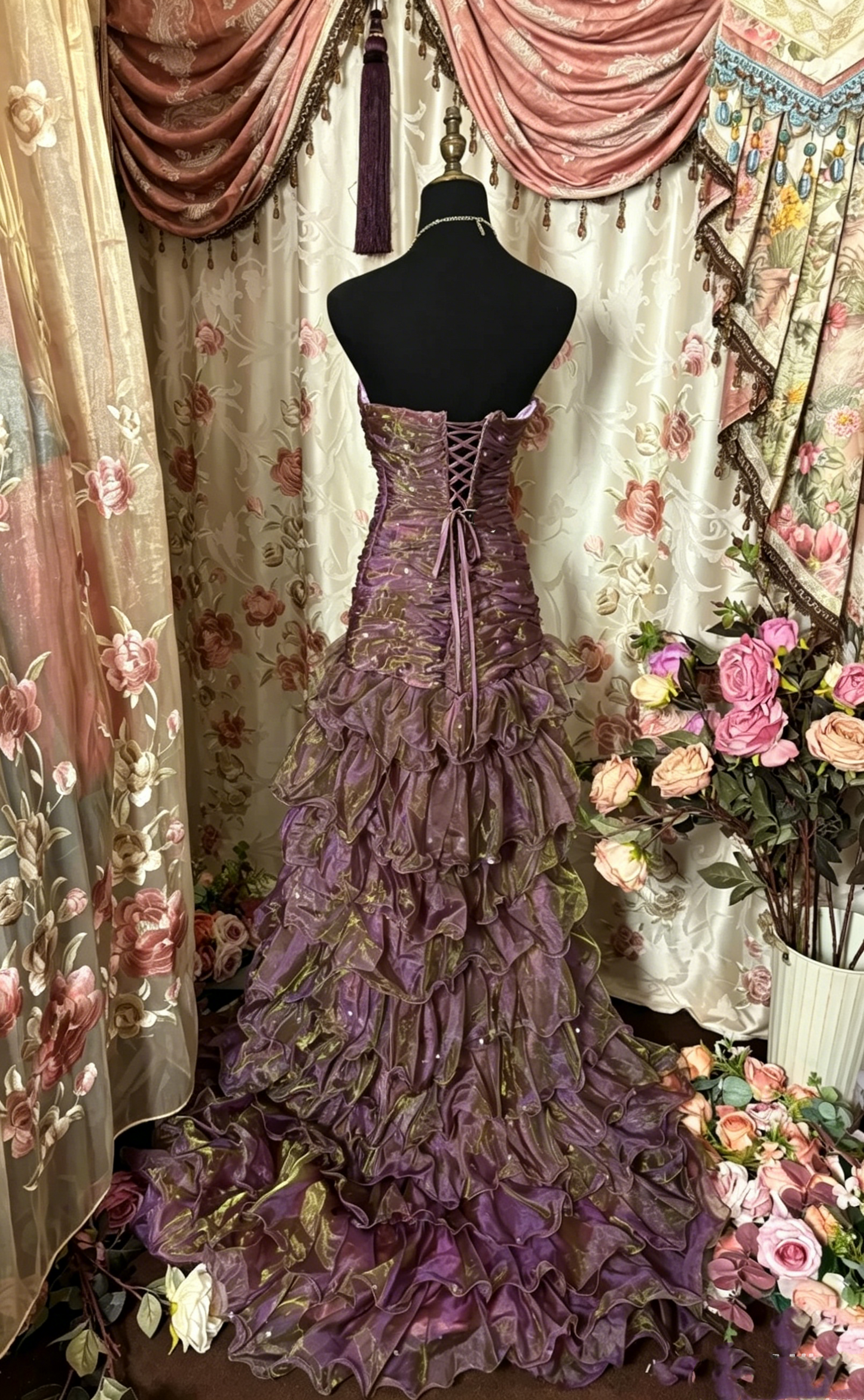 Robe de soirée longue style sirène vintage sans bretelles à volants, robe de bal J6748