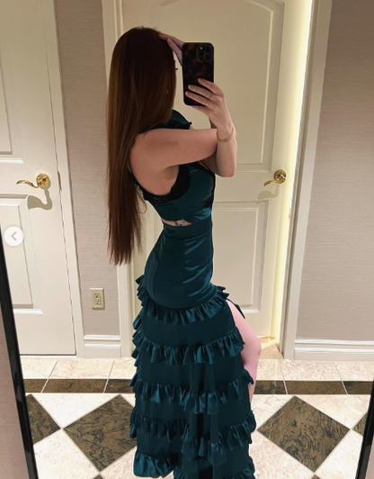 A-Line V Neck Ruffles Satin Formal Prom Dress J6776