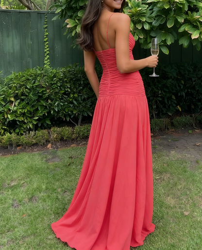 Spaghettiträger Rotes Chiffon-Ballkleid Hochzeitsgastkleid J6929