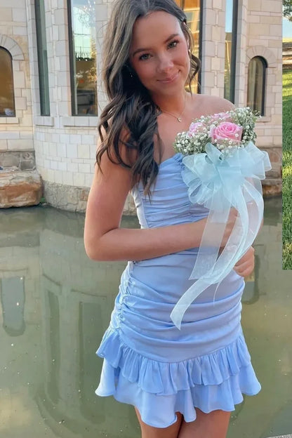 Blue Strapless Ruffles Mini Cocktail Homecoming Dress J6969