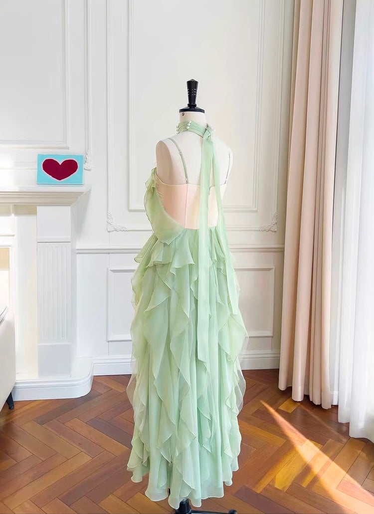 Spaghetti Straps Green Chiffon Ruffle Summer Dress Formal Dress J6999