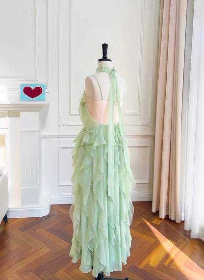 Spaghetti Straps Green Chiffon Ruffle Summer Dress Formal Dress J6999