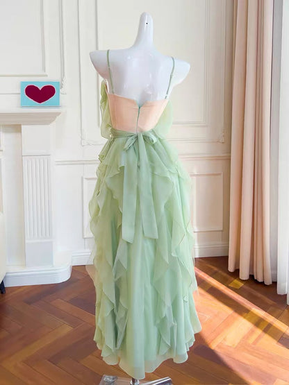 Spaghetti Straps Green Chiffon Ruffle Summer Dress Formal Dress J6999
