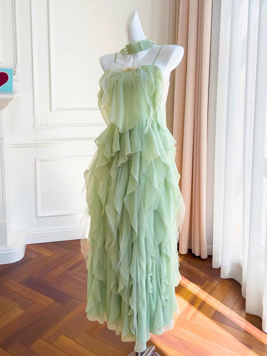 Spaghetti Straps Green Chiffon Ruffle Summer Dress Formal Dress J6999