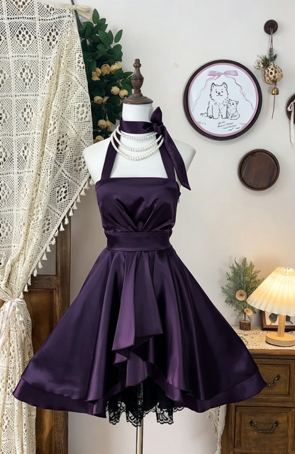 Robe de soirée courte en satin bordeaux coupe trapèze J7058