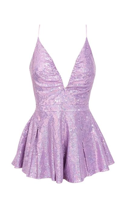 Lila Pailletten V-Ausschnitt Kurzes Geburtstagspartykleid Homecoming-Kleid J7208