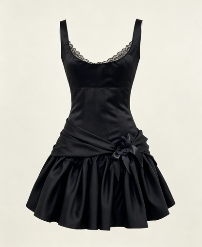 Robe de soirée noire coupe trapèze, tenue d'anniversaire J7373