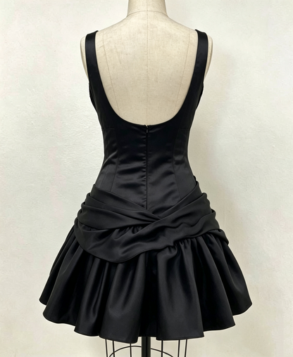Robe de soirée noire coupe trapèze, tenue d'anniversaire J7373