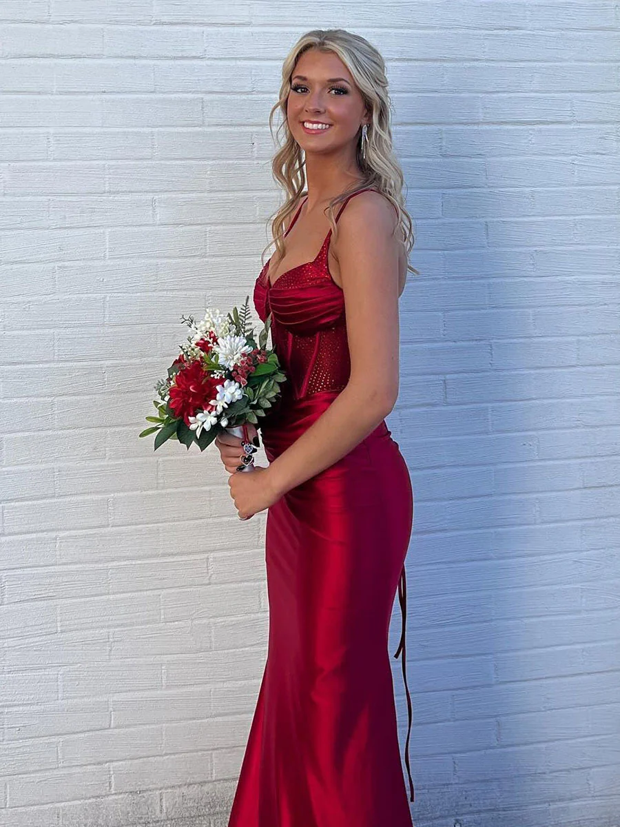 Rotes Etuikleid aus Satin, formelles Partykleid J7432