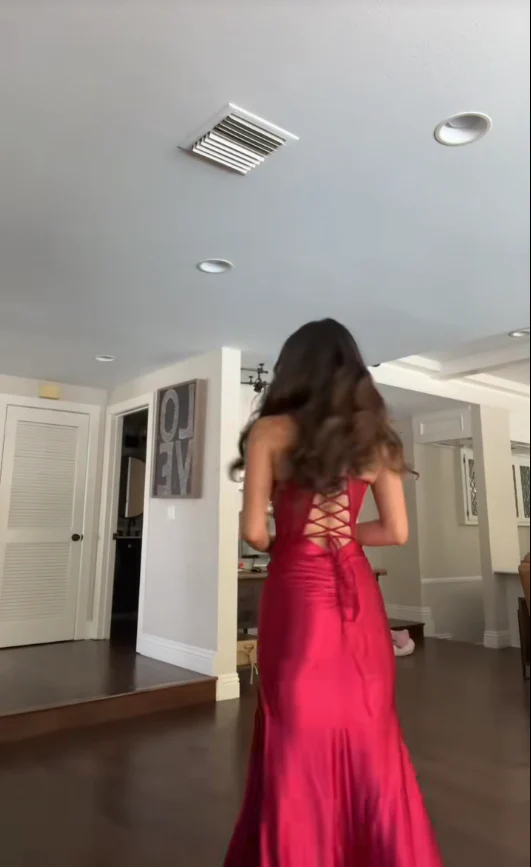 Rotes Etuikleid aus Satin, formelles Partykleid J7432