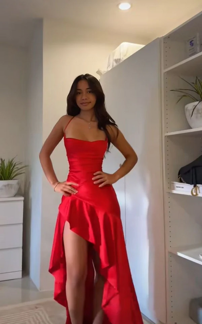 Spaghettiträger Rot A-Linie Ballkleid Satin Rüschen Geburtstagsoutfit J7450