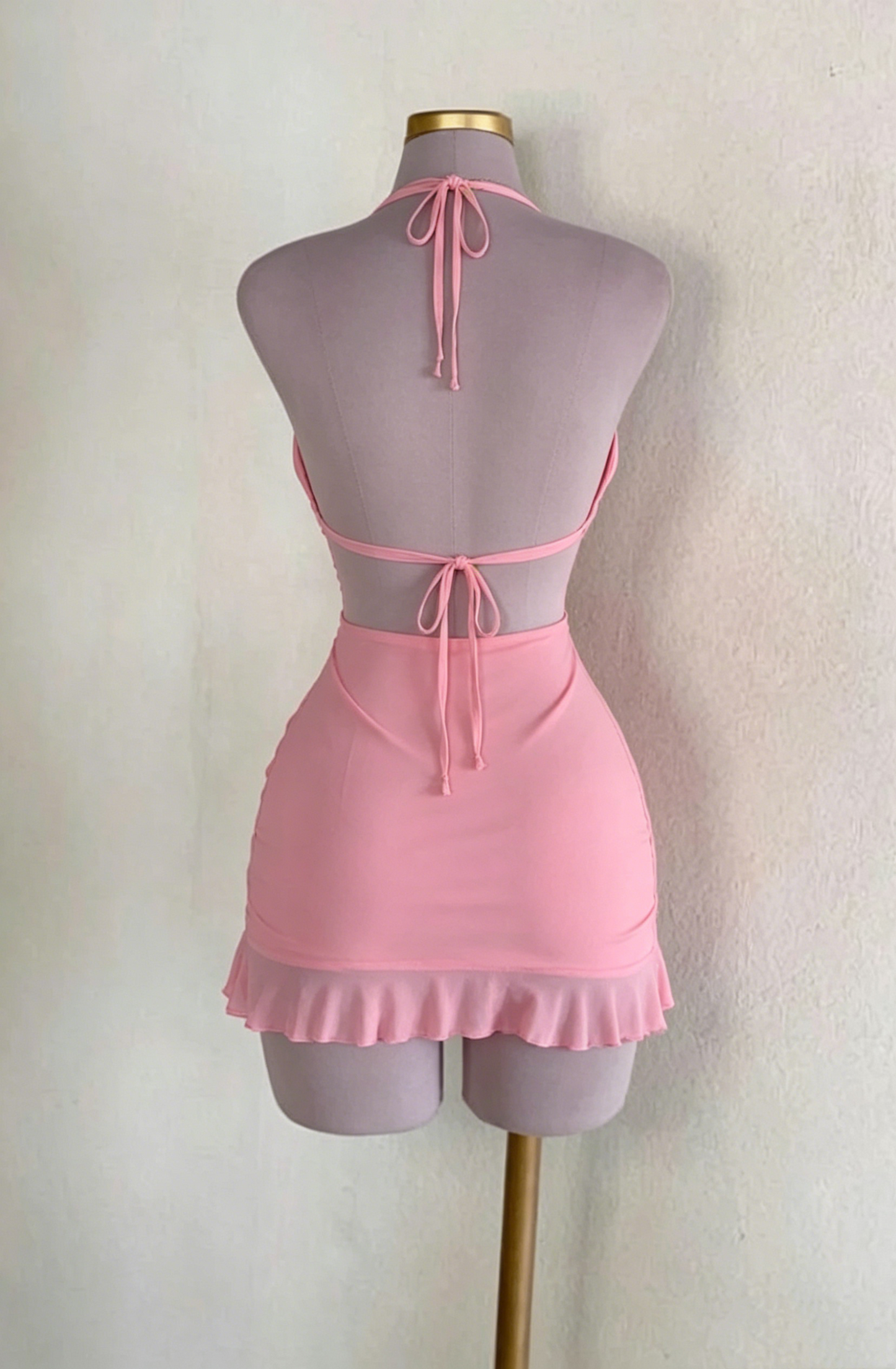 Robe de bal rose licou trapèze courte pour anniversaire J7611