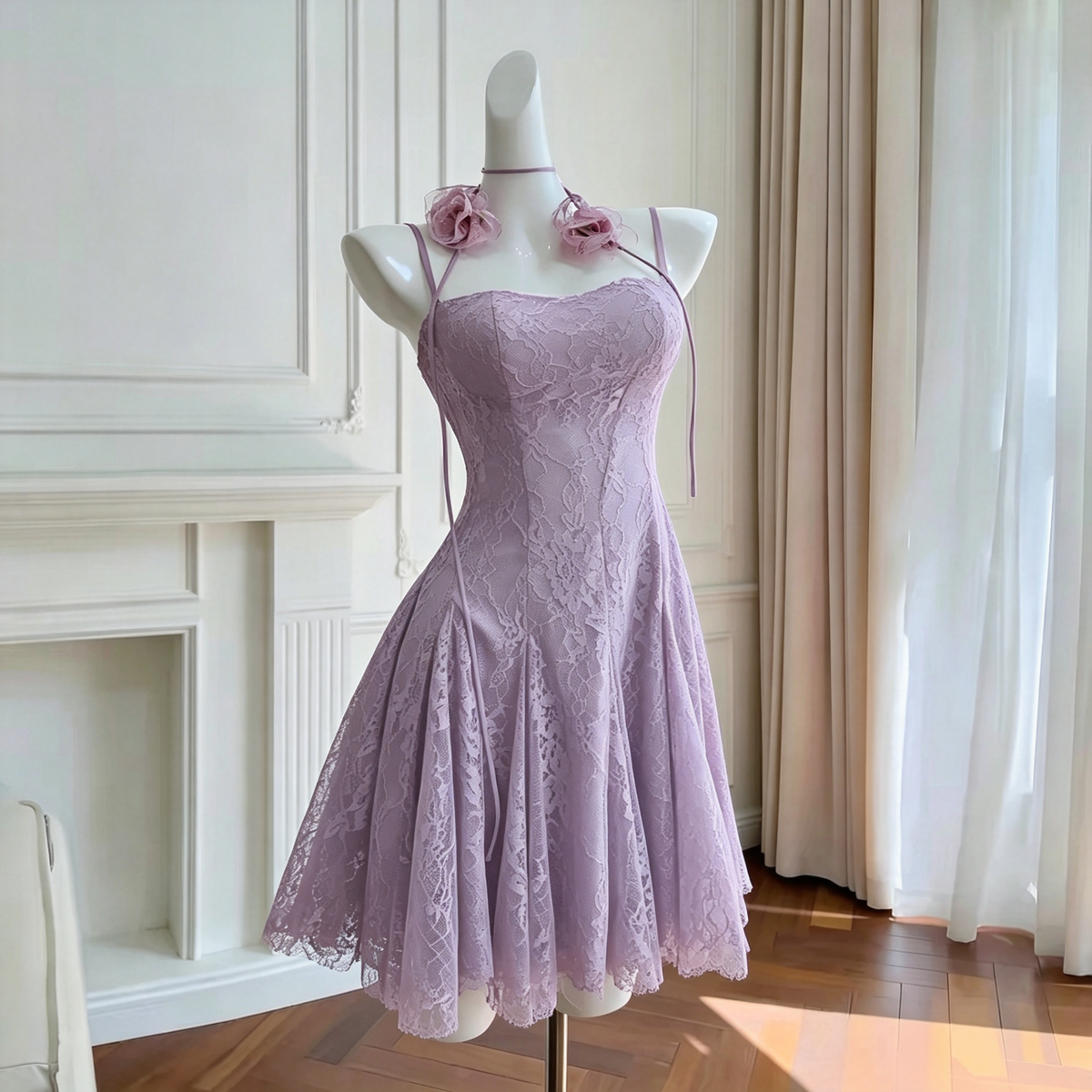 Rosa Spitze Homecoming Kleid Spaghettiträger Geburtstagskleid J7621