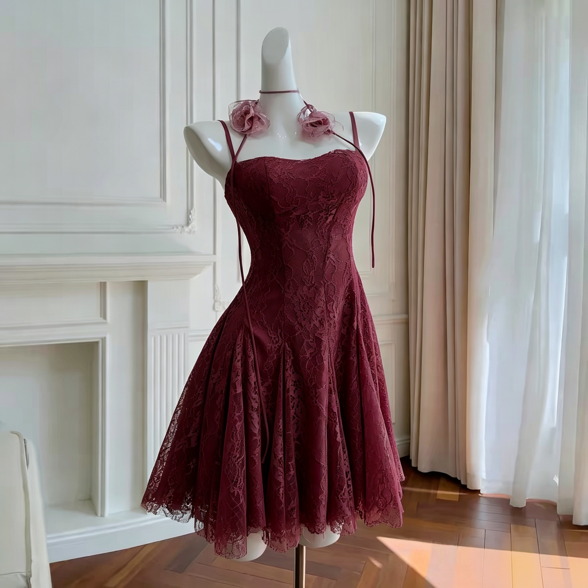 Rosa Spitze Homecoming Kleid Spaghettiträger Geburtstagskleid J7621