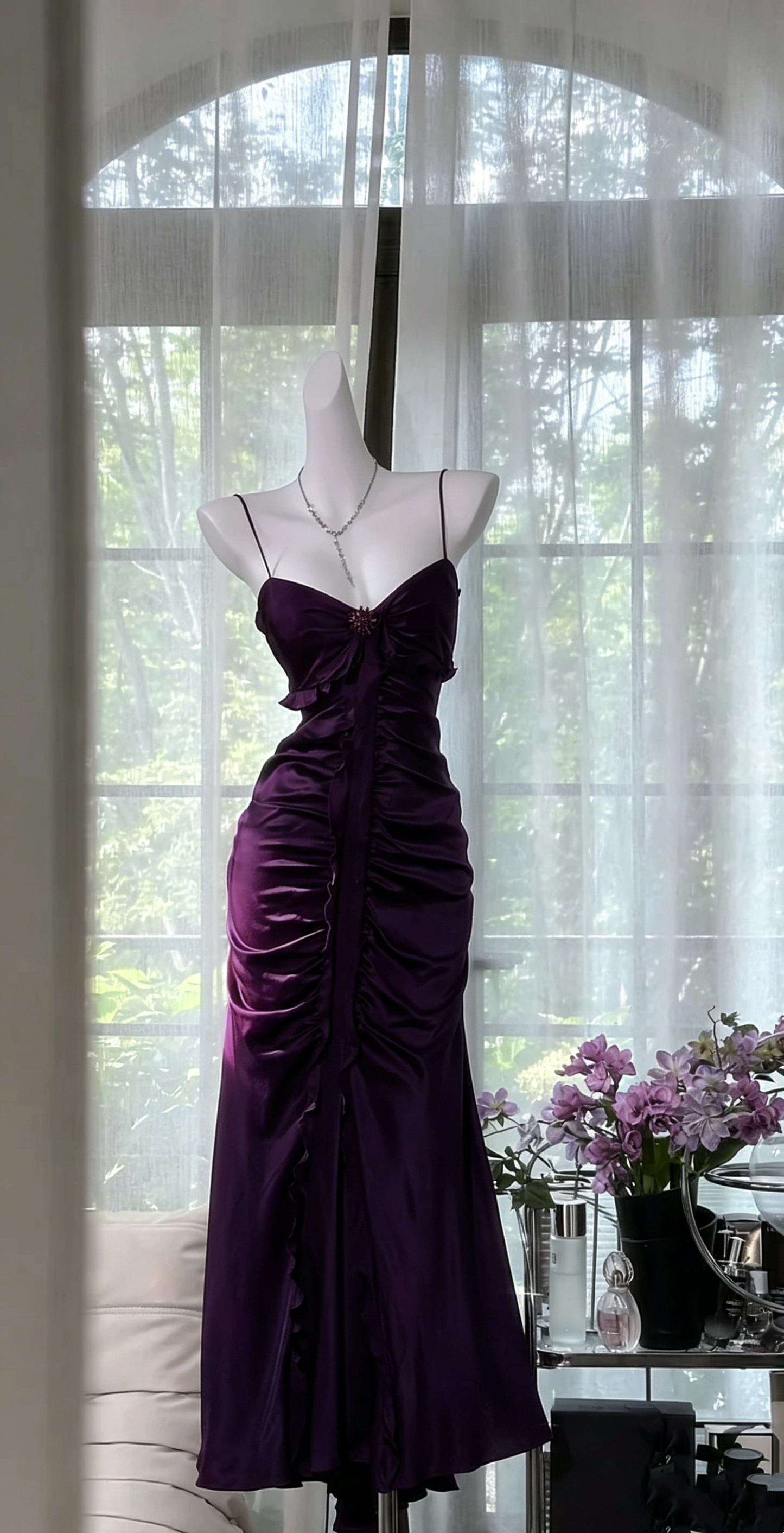 Spaghettiträger Fuchsia Vintage Kleid Formales Ballkleid J7657