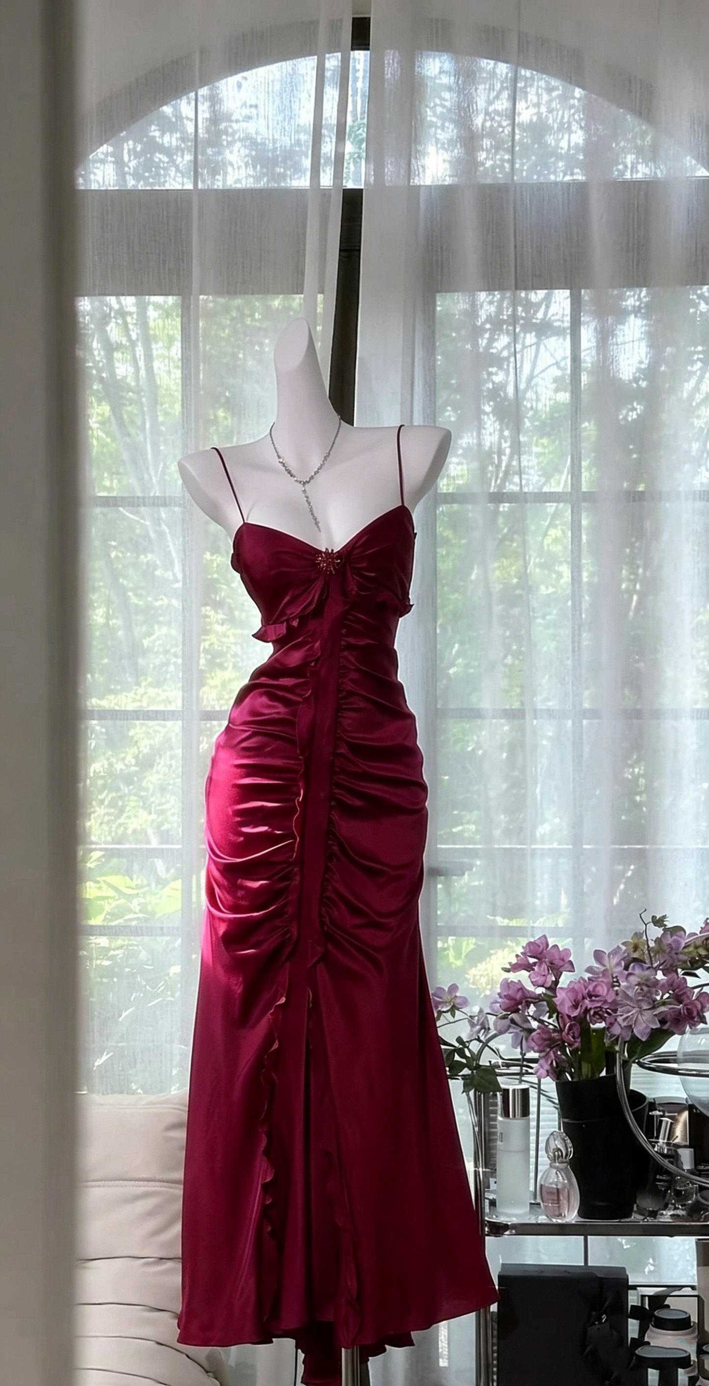 Spaghettiträger Fuchsia Vintage Kleid Formales Ballkleid J7657