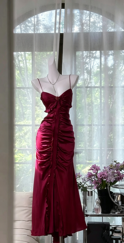 Spaghettiträger Fuchsia Vintage Kleid Formales Ballkleid J7657