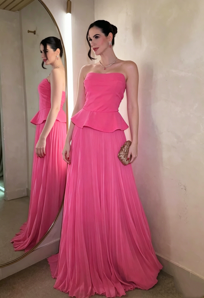 Robe de bal longue bustier rose vif plissée, robe d'anniversaire J7934