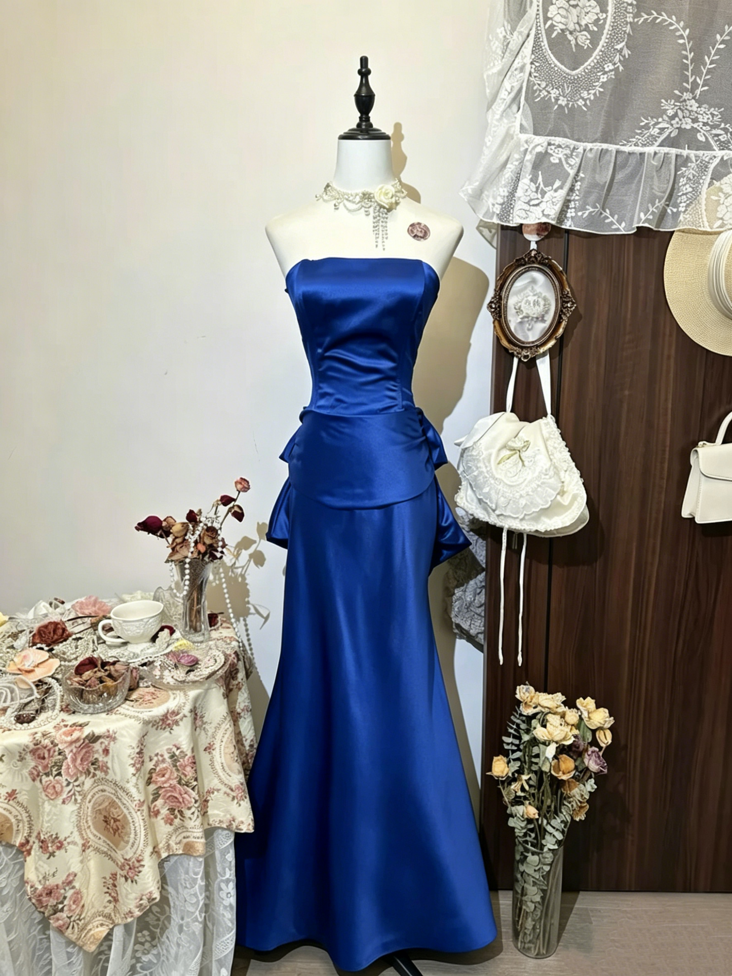 Strapless Navy Blue Mermaid Vintage Prom Dress Evening Party Dress J7987