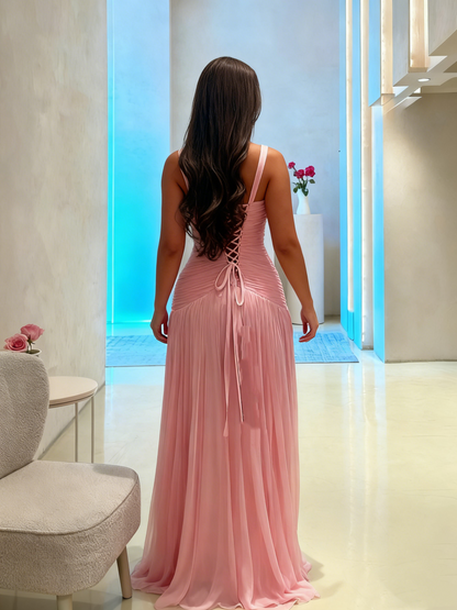 Robe de bal longue rose à col en V et coupe trapèze J8030