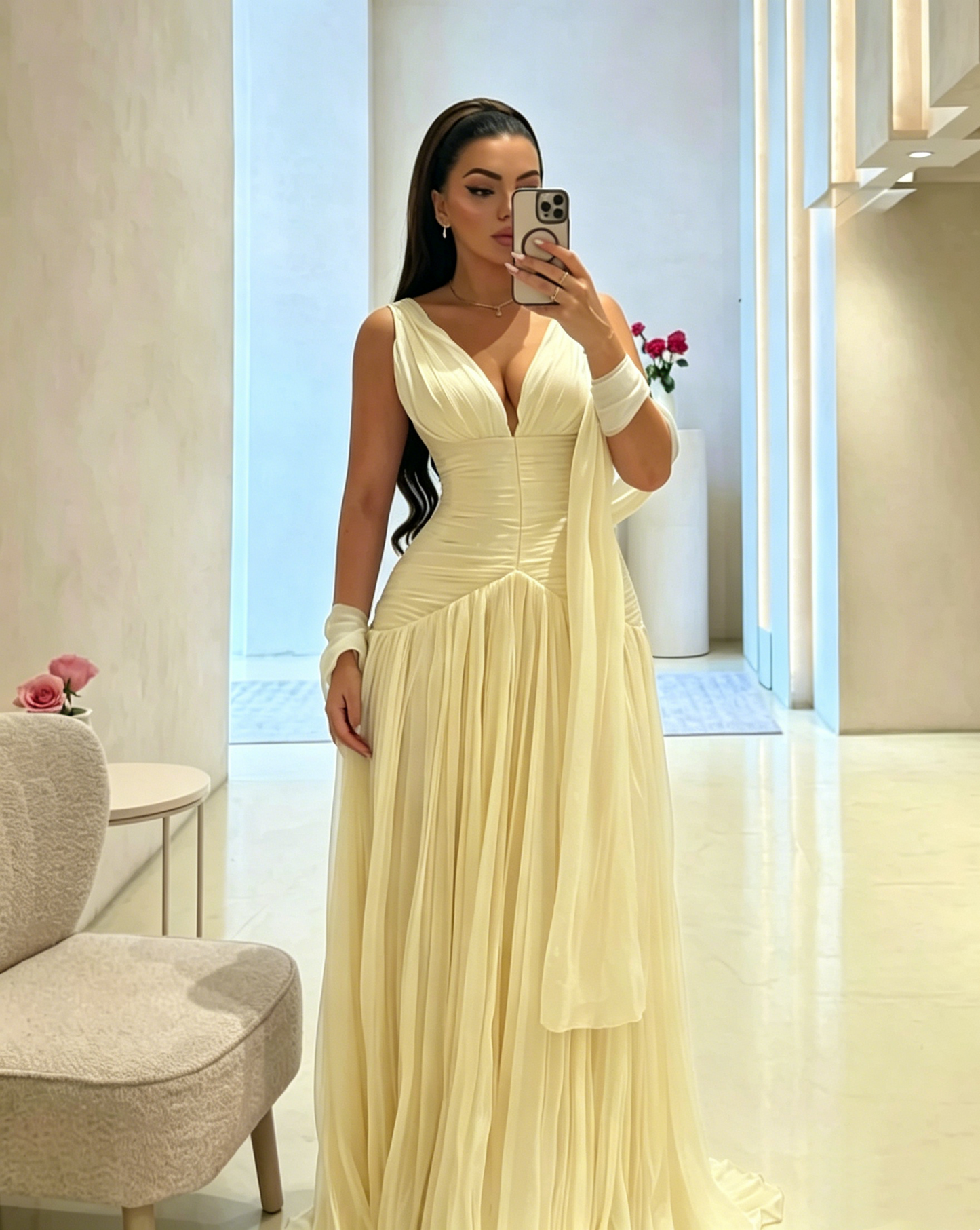 V Neck A Line Long Prom Dress Pink Wedding Guest Dress J8030